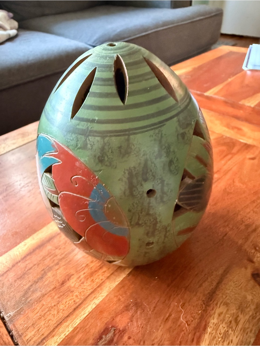 Costa Rican Folk Art Green Hand-Painted Pottery Luminary Decorative Accent